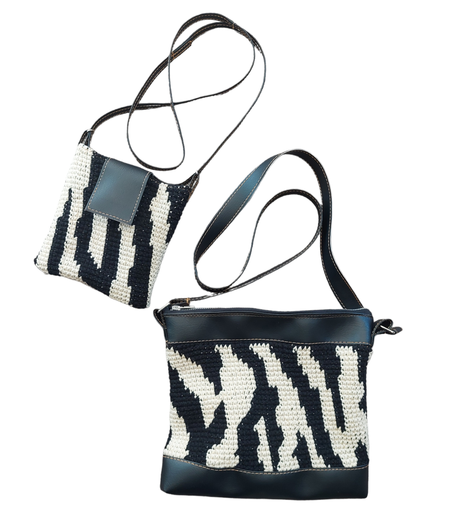 crochet and leather crossbody handbag